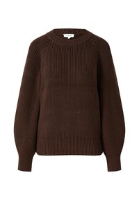 Brązowy dzianinowy sweter z okrągłym dekoltem, opuszczonymi ramionami oraz prążkowanymi mankietami i dołem. Wzór strukturalny na całej powierzchni.