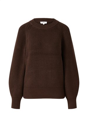 Brauner Strickpullover mit einem Rundhalsausschnitt, fallenden Schultern und gerippten Bündchen und Saum. Strukturmuster im gesamten Oberteil.