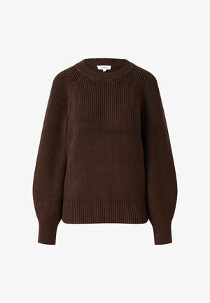 Pull en tricot marron avec un col rond, des épaules tombantes et des bords côtelés aux poignets et à l'ourlet. Motif texturé sur l'ensemble du corps.