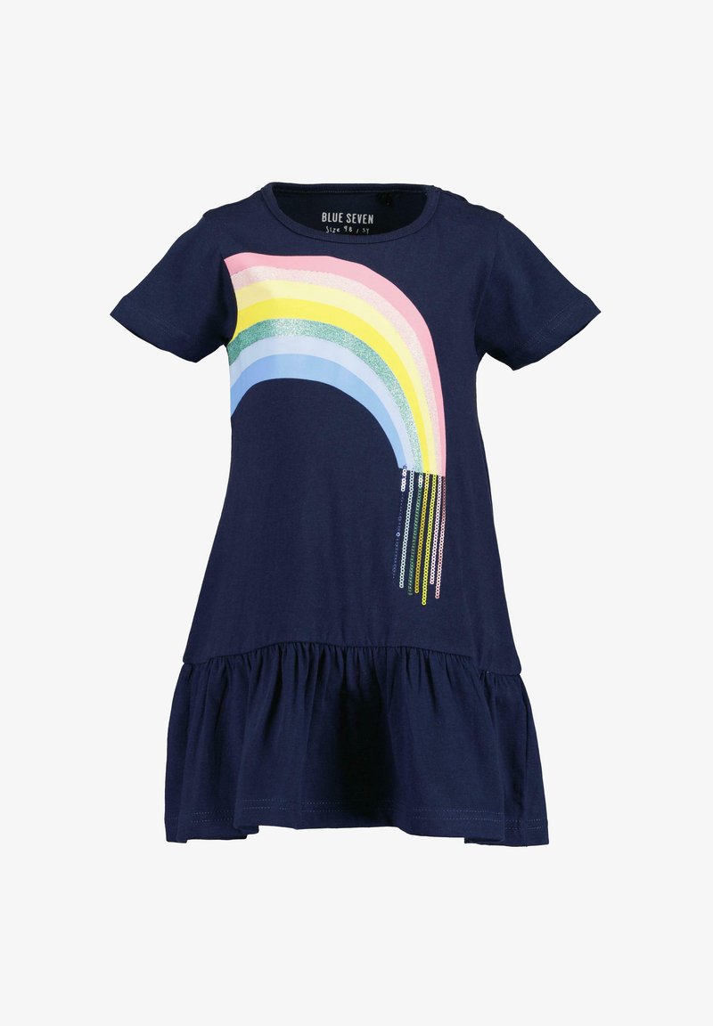 Abito blu navy a maniche corte con orlo arricciato, caratterizzato da un motivo arcobaleno multicolore con glitter e paillettes sulla parte frontale.