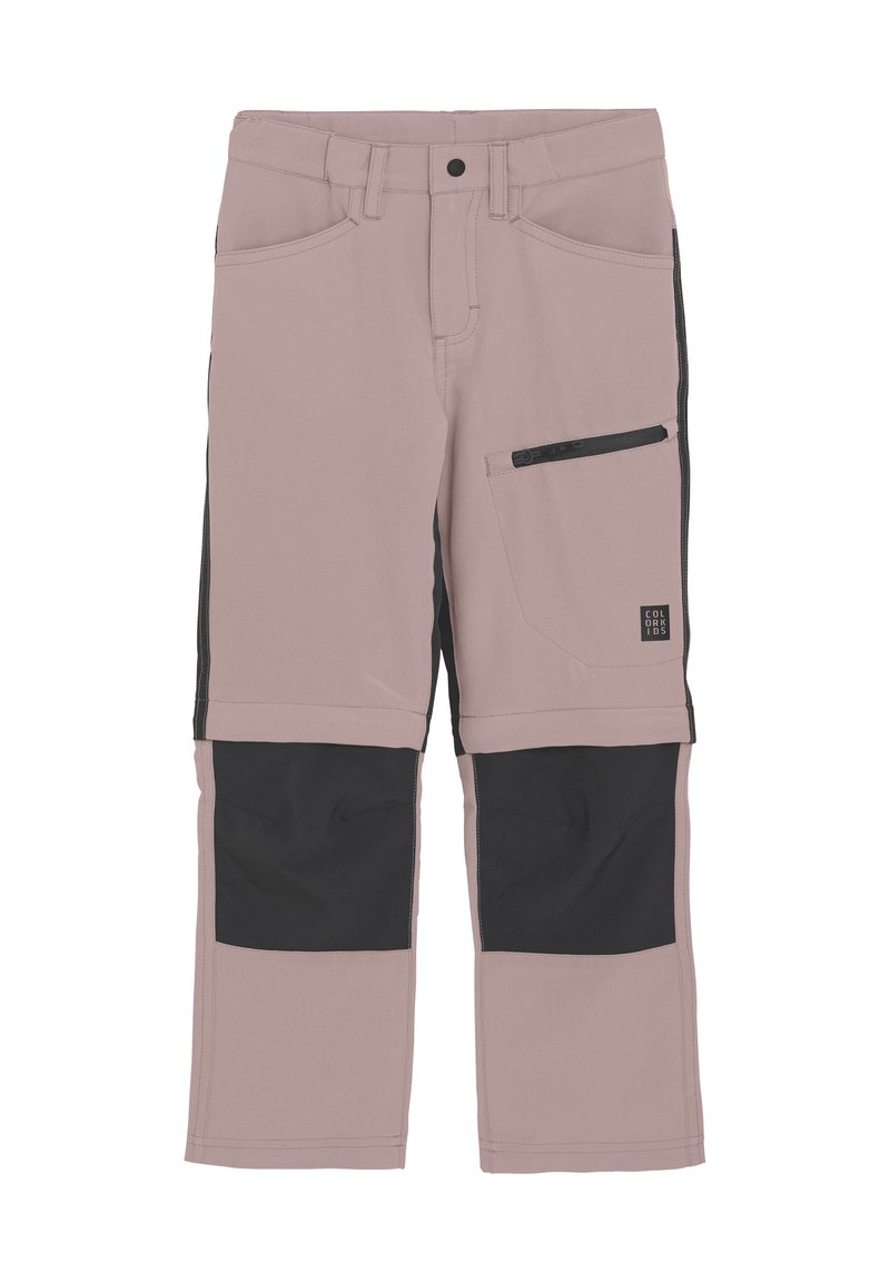 Ljusrosa byxor med svarta accenter, med en ficka med dragkedja, flera bältesöglor och förstärkta svarta paneler vid knäna.