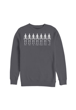 Grijze sweatshirt met witte skeletgrafieken en tekstlabels: "Wit, Zwart, Homo, Hetero, Religieus, Atheïst, Piraat." Klassieke pasvorm.