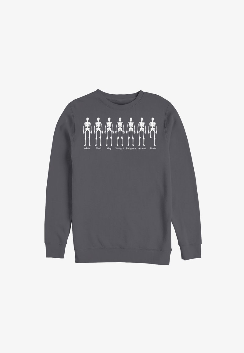 Šedá mikina s bílými grafikami kostlivců a textovými štítky: "Bílý, Černý, Gay, Heterosexuální, Náboženský, Ateista, Pirát." Klasický střih.