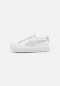 Sneaker blanche avec une tige en cuir lisse, des accents en daim gris, des détails perforés, des lacets plats, et une épaisse semelle blanche avec un grip texturé.