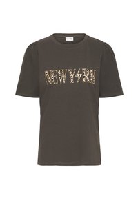 Ciemnooliwkowy t-shirt z krótkim rękawem, z bufkami na ramionach oraz napisem "NEWY4RK" w wzór lamparta i wzorem błyskawicy z przodu.