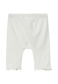 Weiße Baumwollleggings mit elastischem Bund, ausgestattet mit Volantsäumer an den Knöcheln und einer glatten Oberfläche.