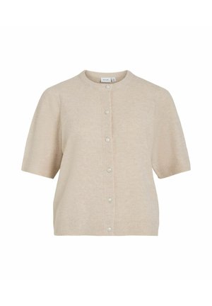 Beige korte mouwen cardigan van zacht breiweefsel, met parelknopen en geribbelde details aan de zoom en mouwen.
