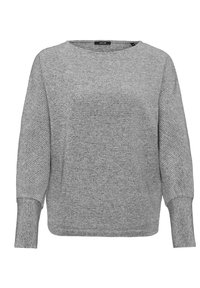 Maglione grigio con scollo a girocollo e polsini a coste. Il tessuto presenta un motivo a righe testurizzato.
