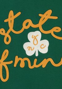 Zelená látka s vyšitým textom v žlto-oranžovej farbe "stav mysle" a bielym dizajnom ďateliny so štylizovanými detailmi.