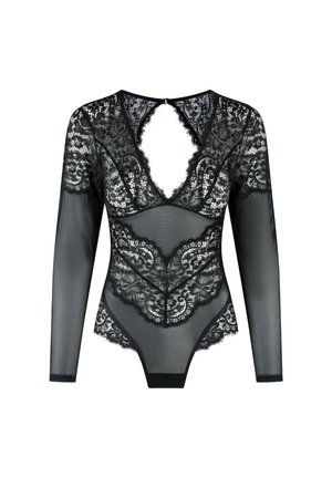 Mustat bodysuit, jossa on pitkät hihat, läpinäkyvä verkkokangas, pitsikoristeet, syvä V-pääntie ja avonainen selkä, jossa on avainaukko-yksityiskohta.