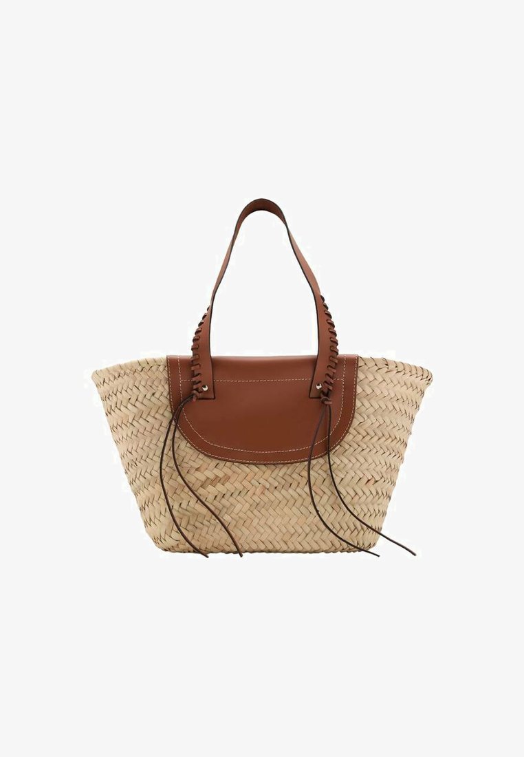 Wiklinowa torba na ramię z brązowymi skórzanymi akcentami. Posiada plecione uchwyty i usztywniony kształt. Teksturowana powierzchnia z kontrastującymi szwami.