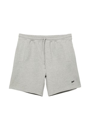 Svetlo sive kratke hlače iz bombažnega mešanega materiala z elastičnim pasom, vezalko, bočnimi žepi in majhnim črnim logotipom na spodnjem levem delu noge.