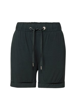 Sorte shorts lavet af letvægtsmateriale, featuring en elastisk talje, snøre med metalspidser og rullede kanter.
