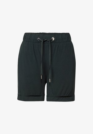 Svarta shorts av lätt material, med elastisk midja, snörning med metallspetsar och uppvikta fållar.