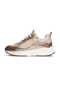 Sneakers featuring a blend of beige and brown materials, mesh panels, padded collar, white outsole, and round laces with metallic accents.