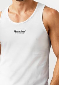 White tank top made of smooth fabric features a round neckline and wide armholes. The front displays the "Neverless Colorado River" logo in black.