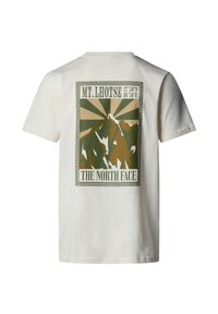 Cremefarvet bomulds t-shirt med et grønt og beige bjerggrafik, hvor der står "MT. LHOTSE" samt koordinater, indrammet af en dekorativ kant.