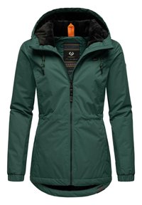 Veste isolée verte avec capuche, dotée d'une fermeture éclair à l'avant, de poignets élastiques et d'une doublure à motifs. Comprend des cordons de serrage et un accent orange distinctif.