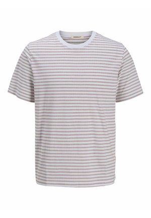 T-shirt blanc à manches courtes avec des rayures horizontales en marron clair. Texture douce, col ras du cou et ourlet droit. Coupe décontractée.