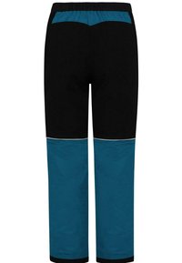 Pantalons d'extérieur noirs et teal avec une taille élastique, dotés d'accents réfléchissants et d'un design fuselé pour le confort et la mobilité.