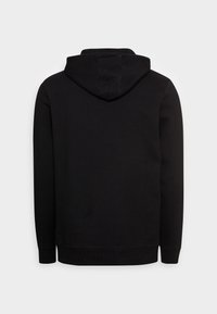 Black hoodie made of soft fabric, featuring a drawstring hood, ribbed cuffs, and a plain back design. No logos or patterns visible.