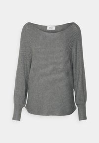 Grijze geribbelde trui met een off-shoulder halslijn, lange mouwen en een losse pasvorm. Gemaakt van zachte, gestructureerde stof.