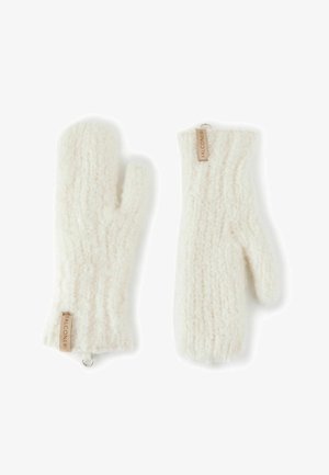 Weiße gestrickte Fäustlinge aus weichem Material mit gerippter Textur, versehen mit einem Stoffetikett an der Seite zur Markenidentifikation.