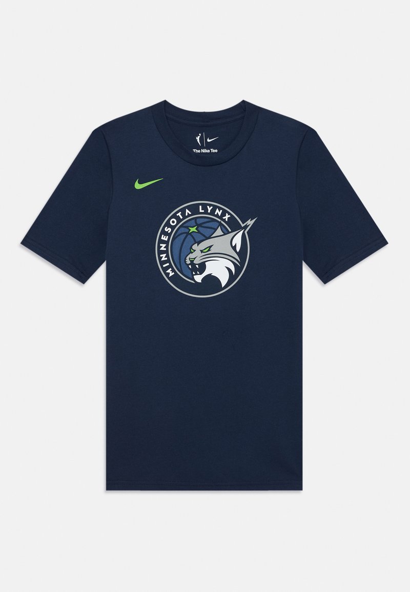 T-shirt de algodão azul marinho com gola redonda, apresentando o logótipo das Minnesota Lynx em cinza e verde, com um pequeno swoosh verde da Nike no peito.