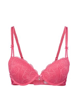 Soutien-gorge rembourré en dentelle rose avec bretelles festonnées réglables, motif floral, petits nœuds sur les bretelles et un nœud avec un pendentif perle au centre.