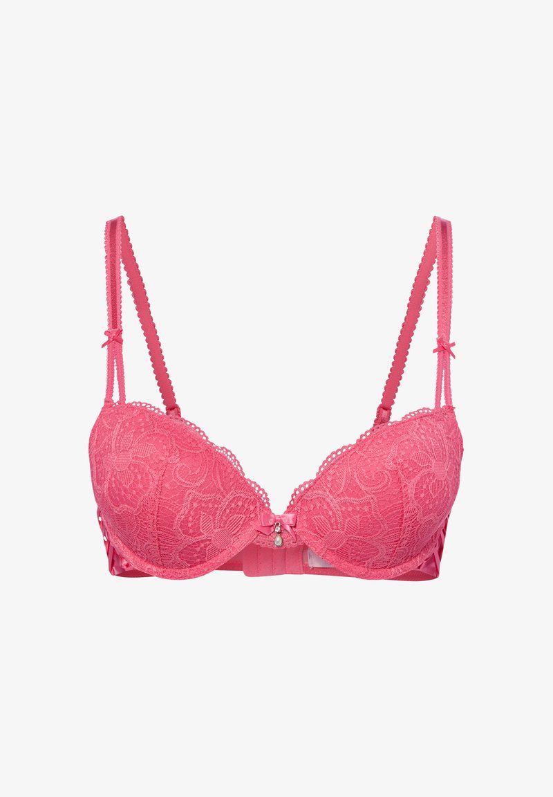 Pink lace padded bra with adjustable scalloped straps, floral pattern, small bows on straps, and a bow with a pearl charm in the center.