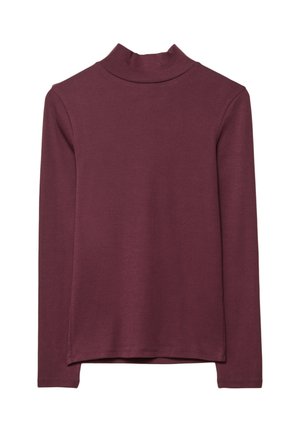 Dlhý rukáv, vysoký golier v hlbokej burgundskej farbe, vyrobený z hladkej, elastickej tkaniny, s rovnými lemami a bez viditeľného vzoru alebo kovania.