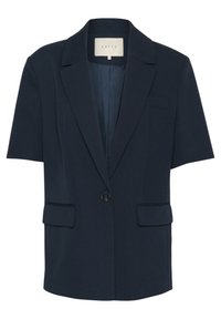 Blazer de manga corta en azul marino con solapas estructuradas, cierre de un solo botón y dos bolsillos frontales, hecho de tela suave.