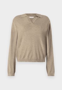 Pull beige à manches longues avec col en V et design à col. Texture douce avec un ourlet côtelé, présentant une coupe décontractée et un style minimaliste.