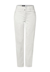 Pantalones rectos blancos de tela de algodón. Cierre de dos botones, con pasadores para cinturón y bolsillos delanteros. Superficie texturada.