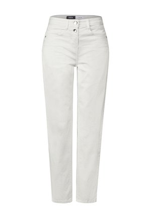 Pantaloni bianchi a gamba dritta in cotone. Presentano una chiusura a due bottoni, passanti per cintura e tasche frontali. Superficie testurizzata.