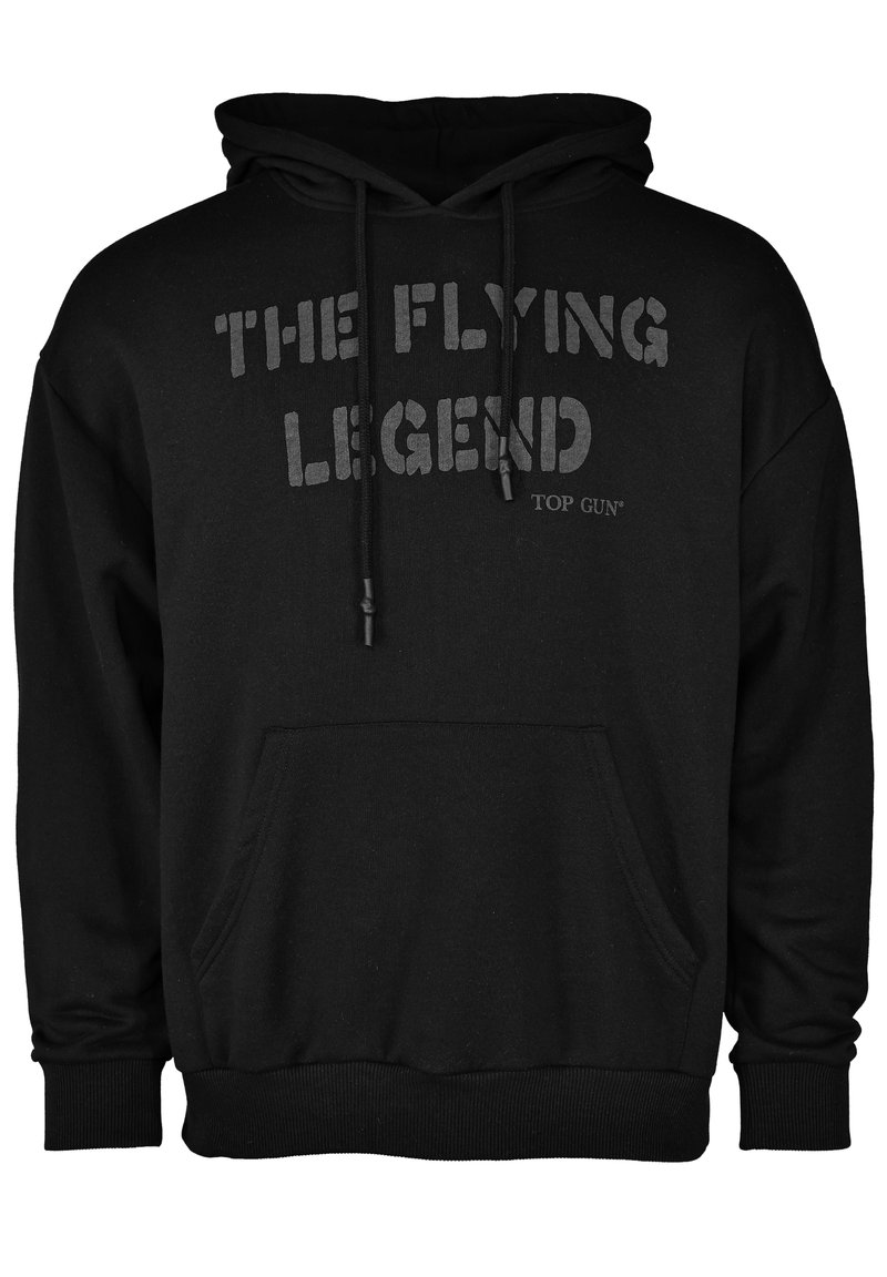 Svart hoodie i en blandning av bomull med en framficka i känguru-stil. Texten "DEN FLYGANDE LEGENDEN" och "TOP GUN" i en djärv, kontrasterande utskrift.