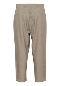 Light brown cropped trousers made of textured fabric, featuring an elastic waistband and two back pockets. Simple, straight leg design.