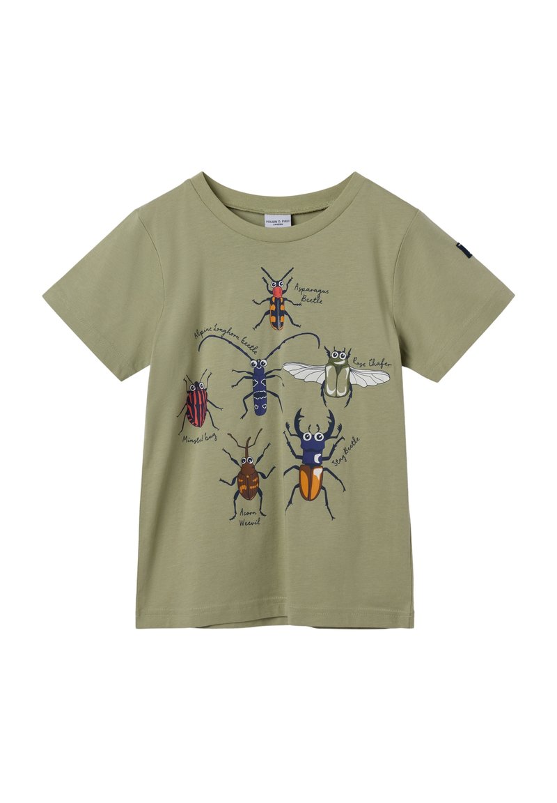 Vihreä oliivinvärinen puuvillapaita, jossa on värikäs kuva erilaisten kovakuoriaisten kanssa tekstimerkintöjä. Lyhyet hihat ja pyöreä pääntie.