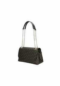 Borsa a tracolla nera con chiusura a patta, dotata di doppie catene e manico in pelle. Materiale testurizzato con design a simboli ripetuti.