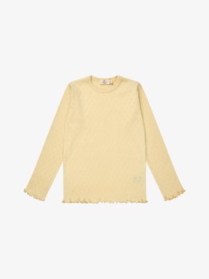 Šviesiai geltonas ilgomis rankovėmis megztinis su subtiliu struktūriniu raštu, apvalia iškirpte ir raukinukais rankogalių bei apačios kraštuose.