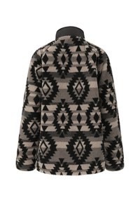 Vue arrière d'une veste en polaire avec des motifs géométriques noirs et gris en forme de diamant et un col noir uni.