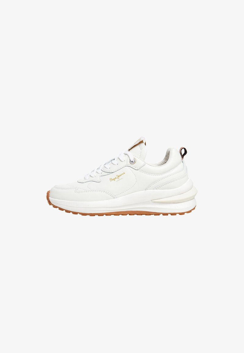 White leather sneaker with round toe, textured upper, and rubber sole. Features white laces, logo detail, and contrasting tan accents on sole.