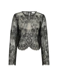 Fekete csipke hosszú ujjú blúz virágmintákkal és fodros szegéllyel. Átlátszó anyag kerek nyakkivágással és kulcslyuk hátkivágással.