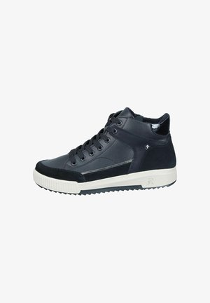 High-top sneakers in dark blue leather and suede, featuring a white rubber sole, lace-up design, and textured detailing along the side.