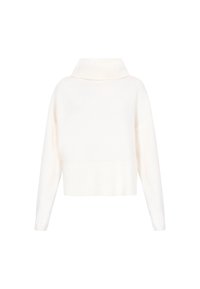 Gekürzter weißer Pullover mit geripptem Rollkragen, langen Ärmeln und strukturiertem Stoff. Einfaches Design ohne Muster oder Akzente.