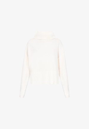 Afskaffet hvid sweater med ribbet høj hals, lange ærmer og struktureret stof. Simpelt design uden mønstre eller detaljer.