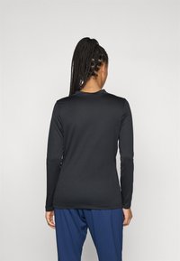 Black long-sleeve fitted shirt with a smooth texture. The design features a rounded neckline and contrasting stitching along the shoulders.
