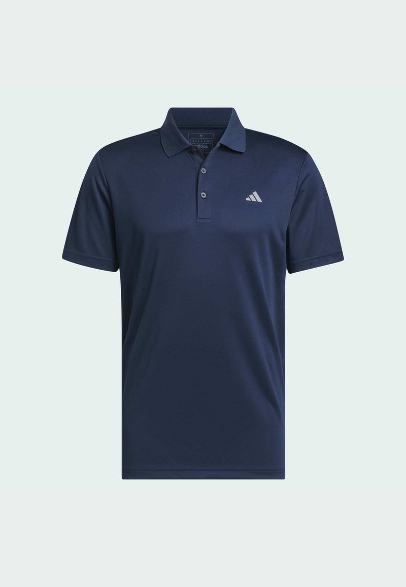 Marineblauwe polo gemaakt van gladde stof, met een twee-knopen-sluiting en een klein reflecterend logo aan de linkerkant. Korte mouwen.
