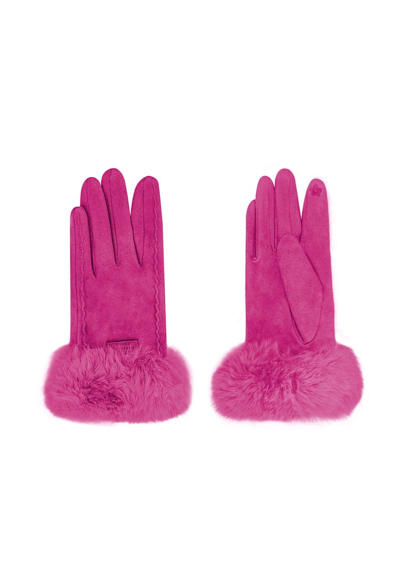 Guanti rosa in materiale scamosciato, adornati con un polsino in pelliccia al polso. Presentano dettagli cuciti e una trama liscia.