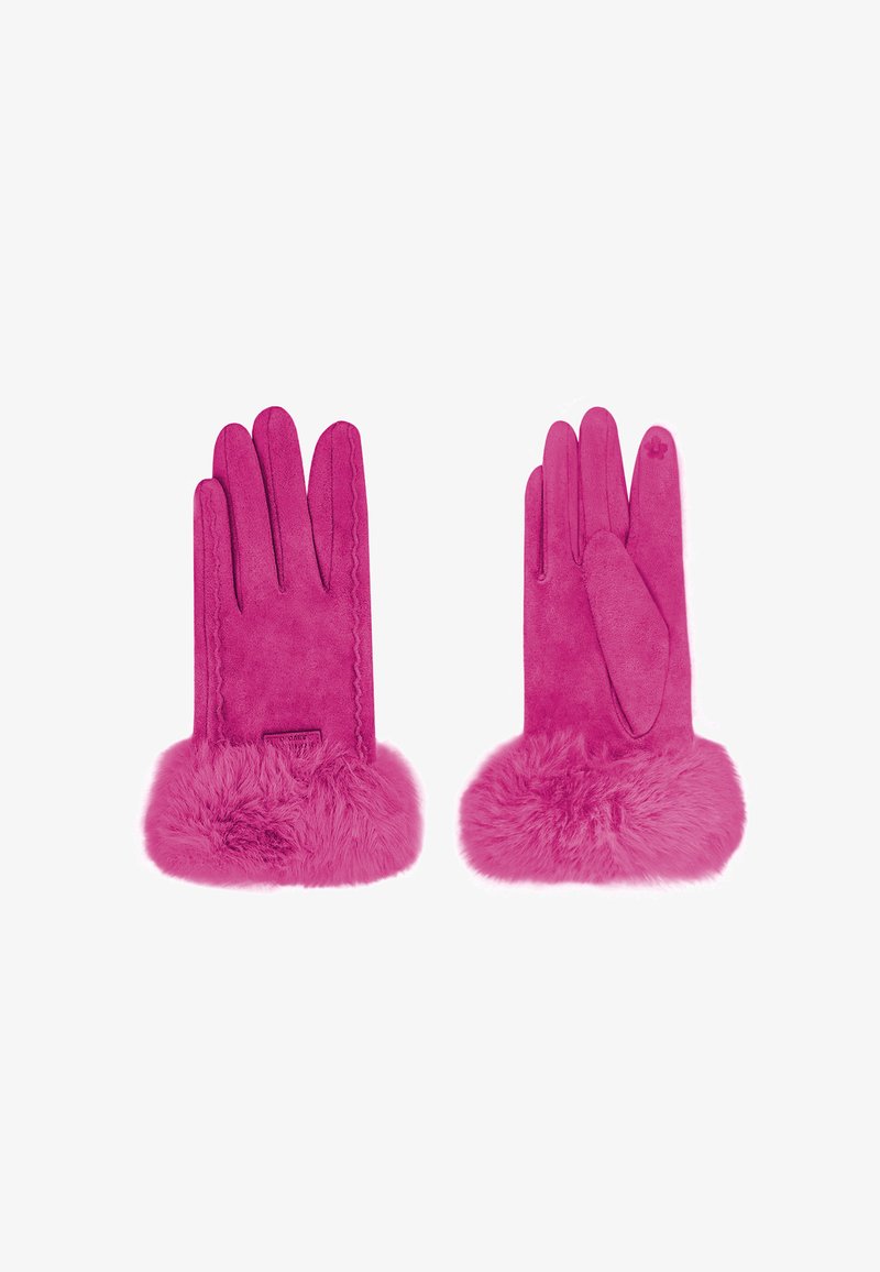 Guanti rosa in materiale scamosciato, adornati con un polsino in pelliccia al polso. Presentano dettagli cuciti e una trama liscia.